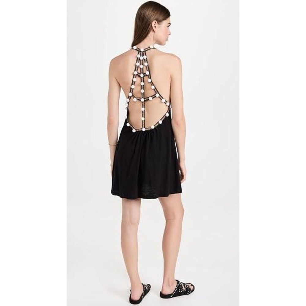 Pitusa Mini Dress Womens Standard Black Pom Pom Caged Back Boho Festival Summer